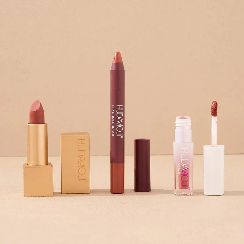 3 in 1 Hudamoji Set Velvet Matte Lipstick , Waterproof Lip Pencil & Lip Gloss Set