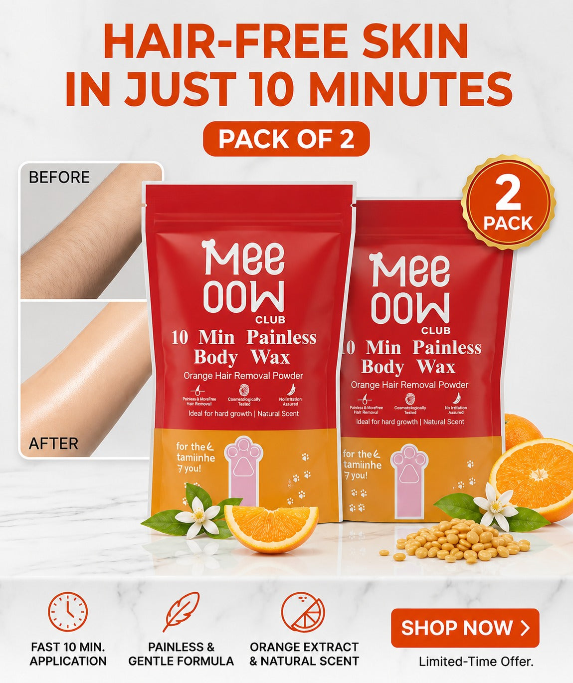 MEE-OOW Orange Body Wax Powder – Salon-Like Results at Home - 100g